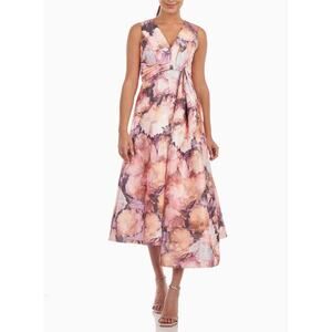 Kay Unger Lani Abstract Floral Print metallic Organza Formal Midi Dress Size 0